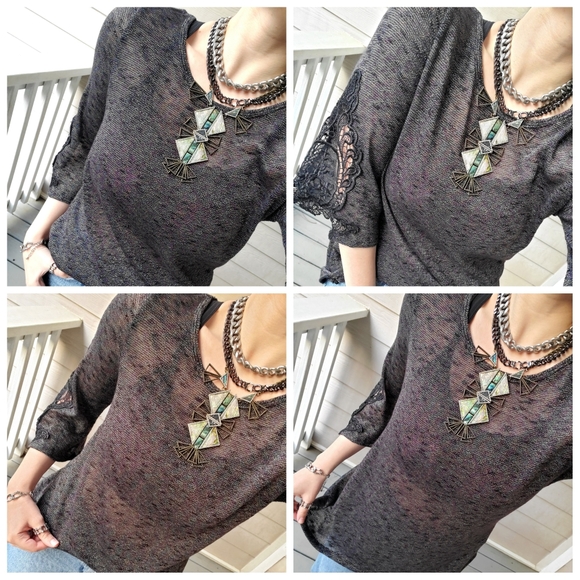 Buckle 3/4 Lace-sleeve Scoop Neck V-back Shimmery Rainbow Metallic Thread Tunic - Picture 3 of 16